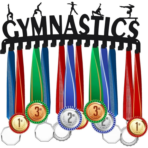 Women's Gymnastics Sports Medal Holder Display Hanger Metal Wall Mount with 17 Hooks for 60  Hanging Display Competition Holder Wall Hanging Rack Gifts for Athletes 15.75x6in Black