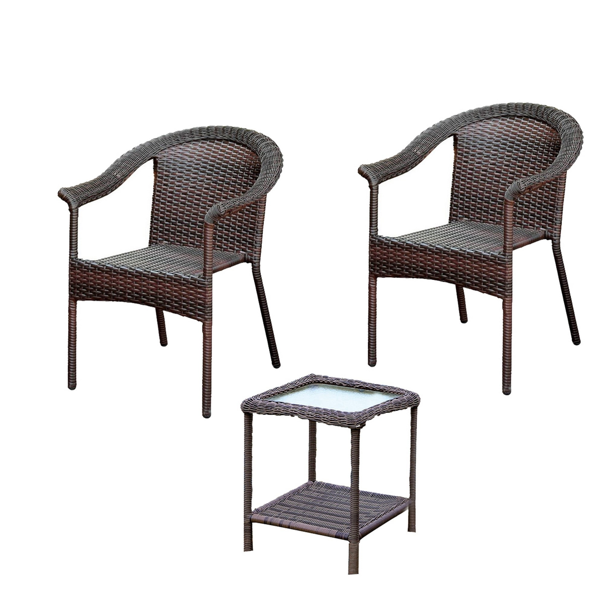 3 Piece Woven Wicker Patio Set with 2 Chairs and 1 Glass ...