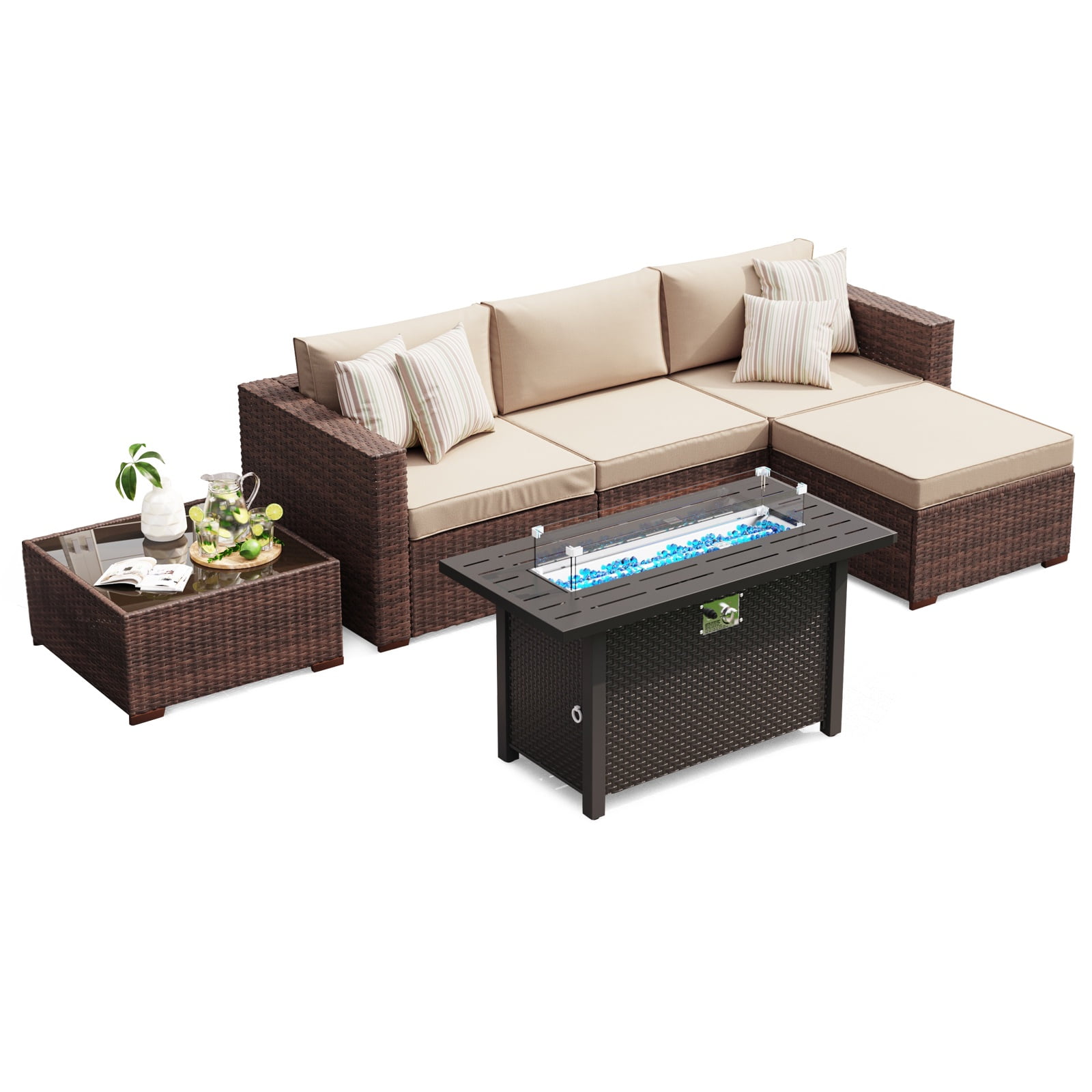 JOIVI 6 Pieces Patio Furniture Set with 45” Gas Fire Pit Table, Wicker Outdoor Rattan Sectional Sofa Furniture Conversation Set with 50,000 BTU Patio Propane Fire Pit and Coffee Table, Brown