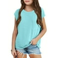 thumbnail image 2 of LIIPEE Girls T-Shirts Summer Casual Solid Color Round Neck Short Sleeve Tshirts With Pocket Girls Classic Beach Tee Shirts,Sky Blue,9-10 Years, 2 of 5