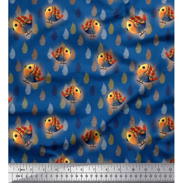 Soimoi Rayon Crepe Fabric Feather & Bird Cartoon Print Fabric by The Yard 46 Inch Wide