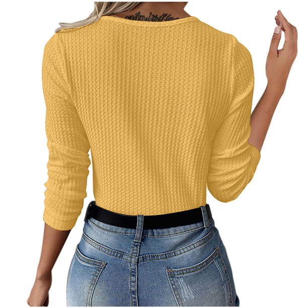 Cameland Women's Waffle Plain Mesh Long Sleeve Short Crew Neck Shirt Top Womens  Clothing Clearance Sale 