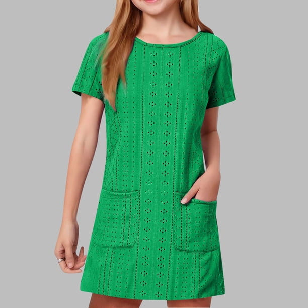 Vestido de color liso para niñas, vestido de manga corta para niñas, vestido de doble bolsillo para niñas, vestido de poliéster para niñas