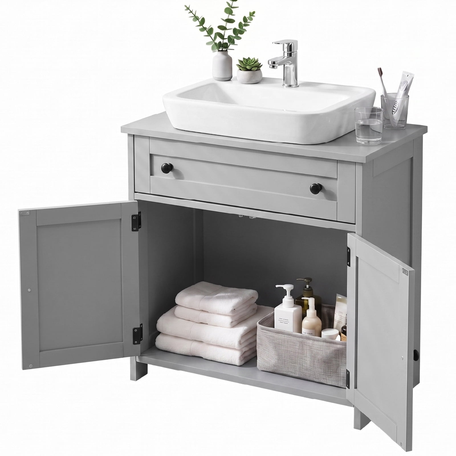 1-Drawer 2-Door Bathroom Vanity Bathroom Cabinet Washbasin Not Included, Grey 23.62*11.81*23.62in