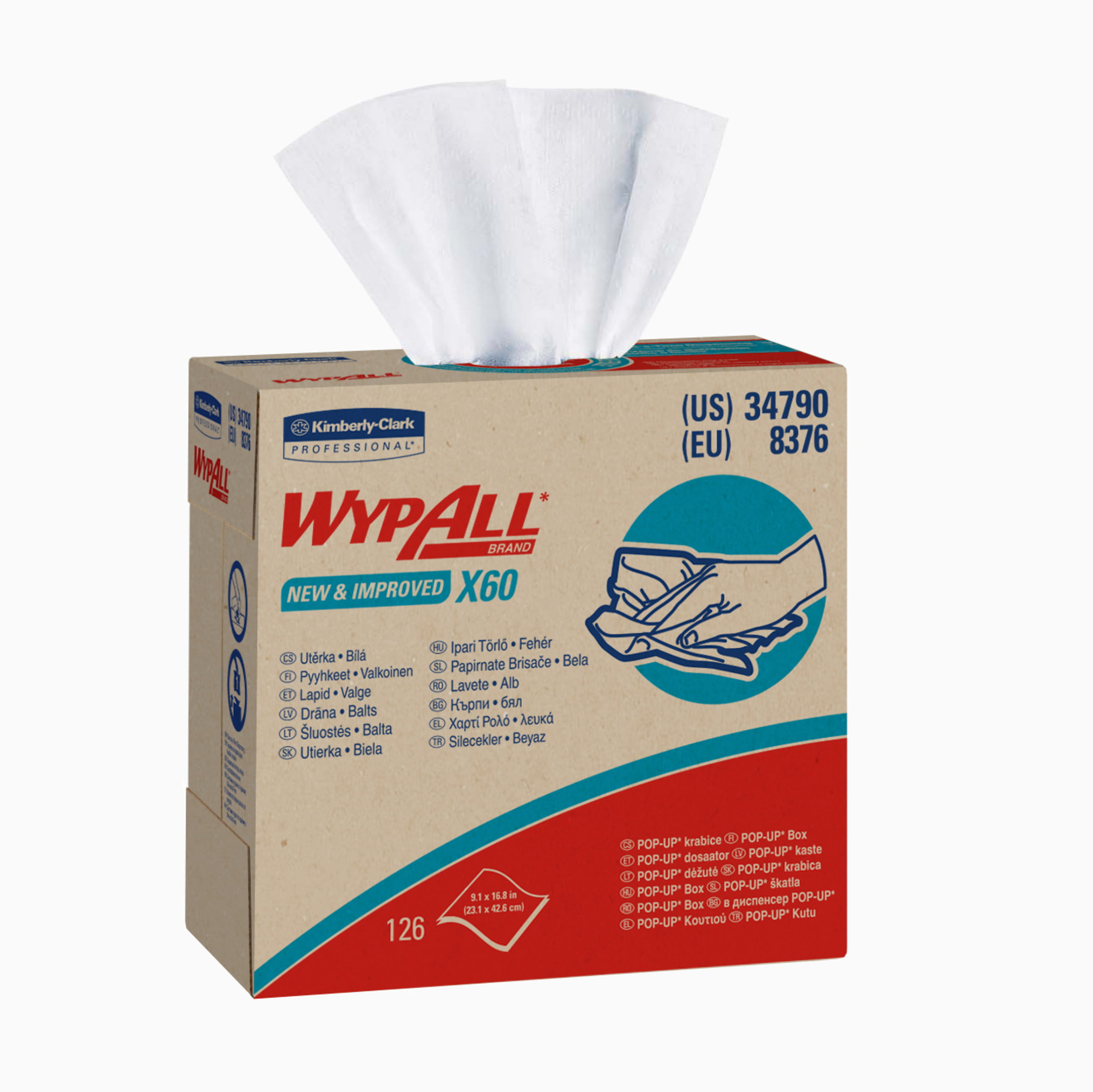 34790 126 Sheets-White Wypall X60 Reusable Cloths in Convenient Pop-Up Box, 