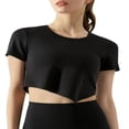thumbnail image 1 of Women Workout Crop Tops Short Sleeve  Neck Asymmetrical Yoga Running T-Shirts, 1 of 6