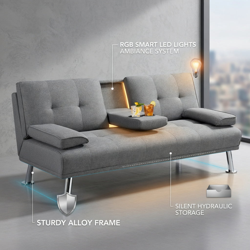 Demi Bonn Fold Sofa Bed Couch, Futon Sleeper Chair Guest Bed and Fold Out Couch, Convertible Folding Futon Sofa Bed Fabric with 2 Cup Holders, for Living Room, Bedroom, Light Gray