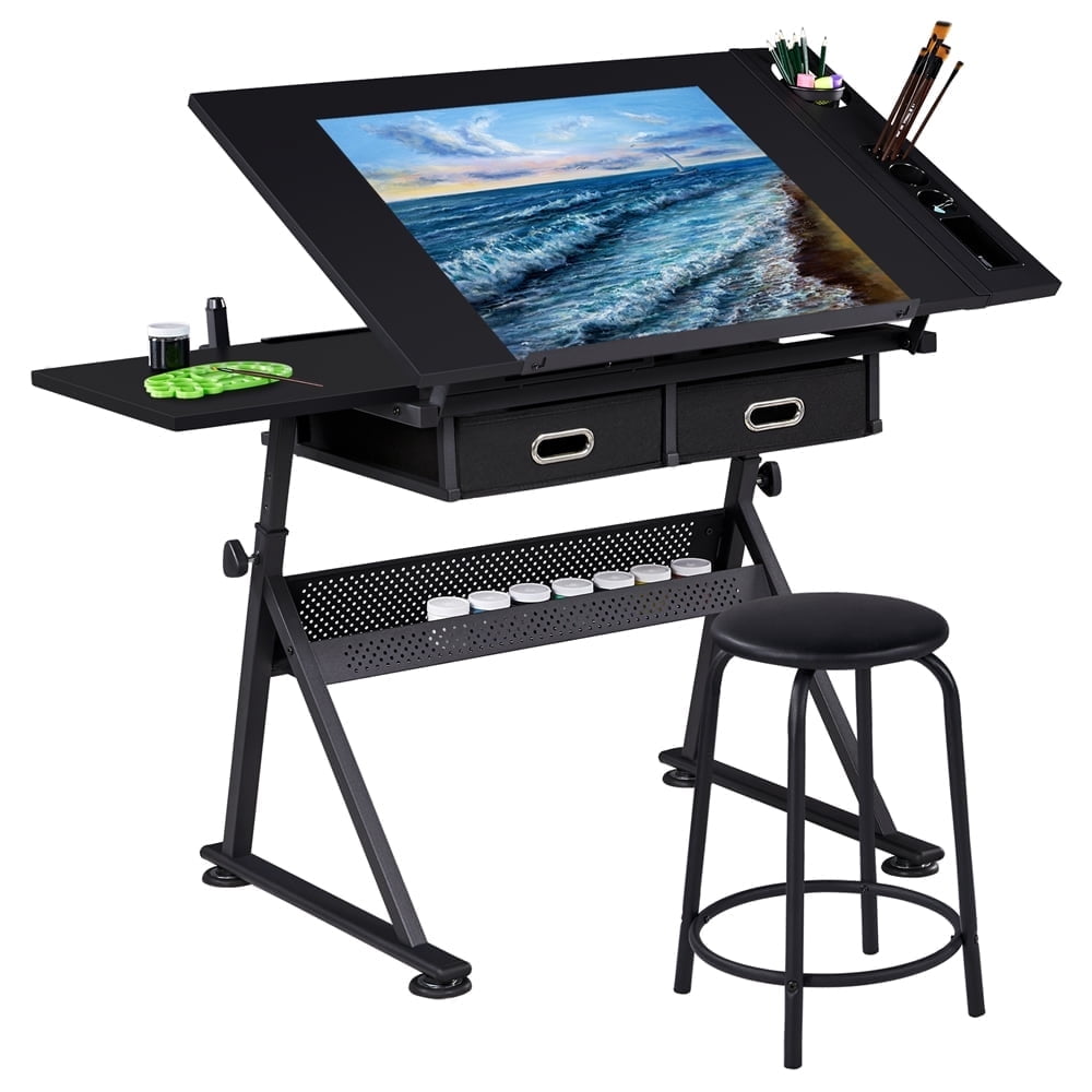 Yaheetech Metal Adjustable Height Drafting Table/Stool Set with 2 Drawer Black