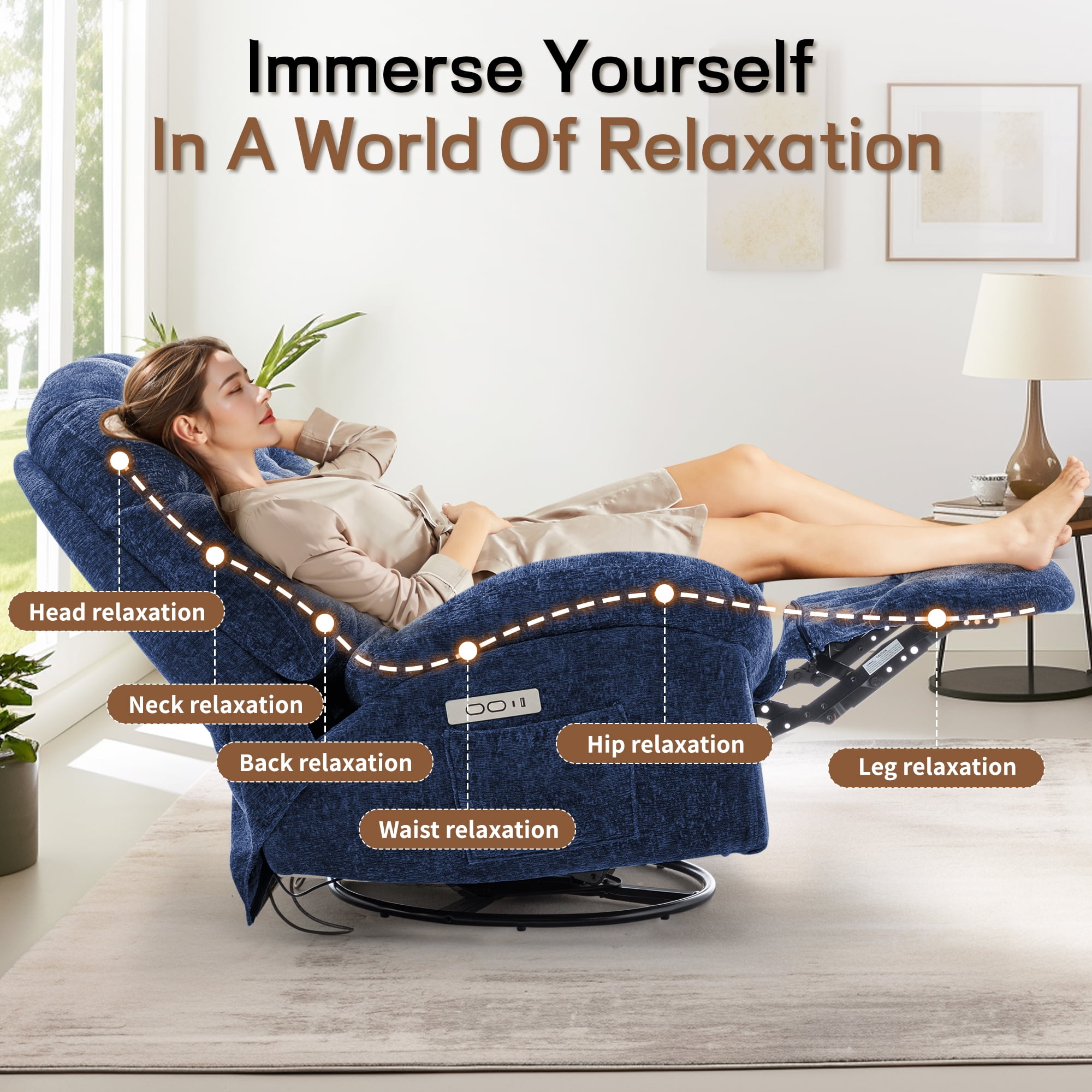 Korser Power Swivel Rocker Recliner Chair with USB Ports Chenille for Living Room,Blue
