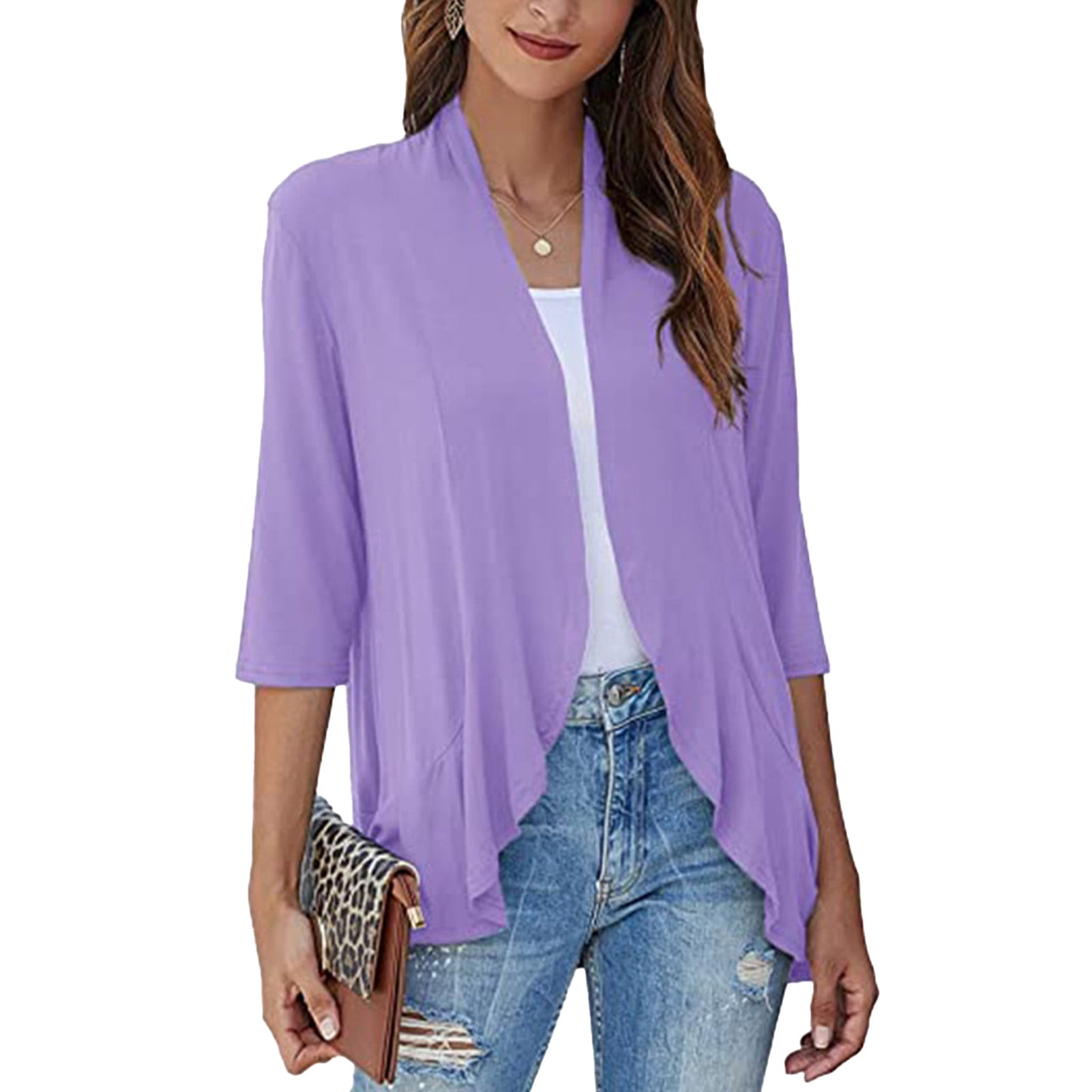 Draped Open Front Cardigan Falbala Summer Cardigan Loose Three Quarter Sleeve Pure Color Asymmetrical Hem For Lady For Business For Party Purple M Walmart