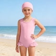 thumbnail image 1 of Solid Color Girls Swimsuit Set with Matching Cap Comfortable Swimwear for Pool and Beach, 1 of 1