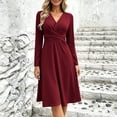thumbnail image 2 of Levmjia Women's V Neck Long Sleeve Twist Waist Midi Dress Casual A-Line Swing Dress Solid Color Office Work Outfit, 2 of 8