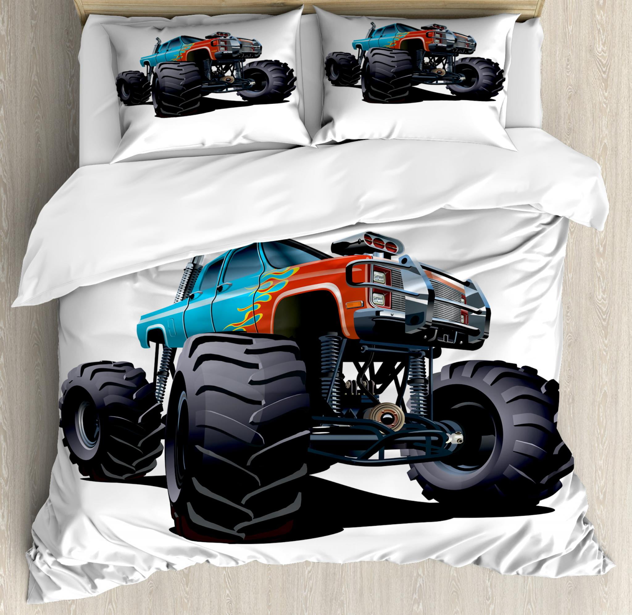 Monster Truck Duvet Cover Set Queen Size, Offroad Sports Theme Cartoon