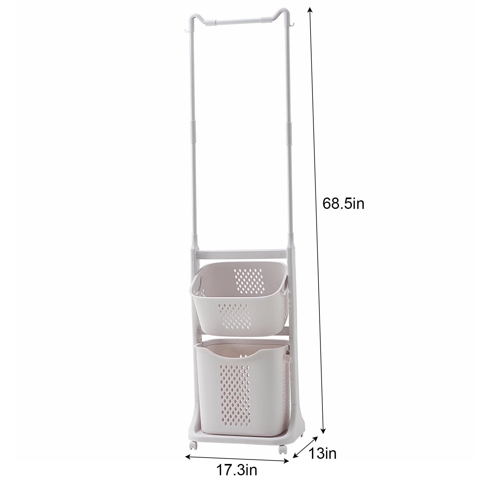 Laundry Hamper, 2-Tier Sorter with Hanging Bar and Removable Rolling Baskets, Stackable Storage Cart for Small Spaces and Dorm, 17.3x13x68.5 Inch White