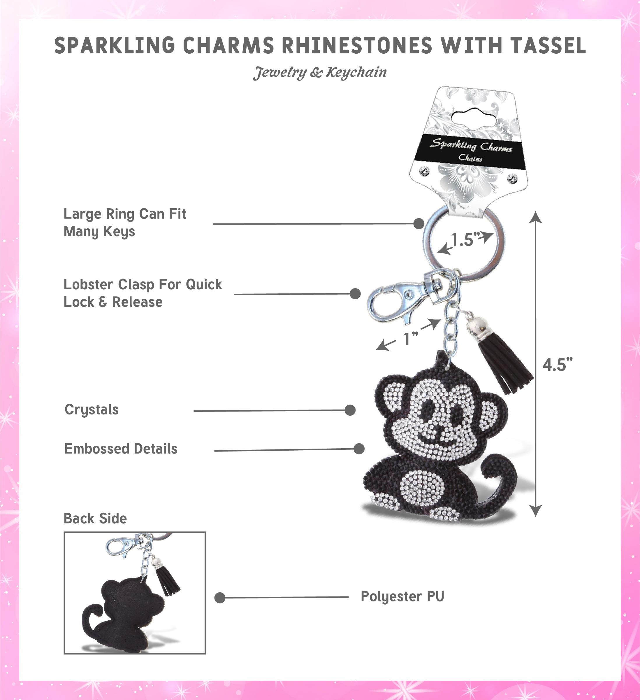 アクセサリー Monkey Aqua79 Monkey Keychain - Black Sparkling Rhinestones Charm