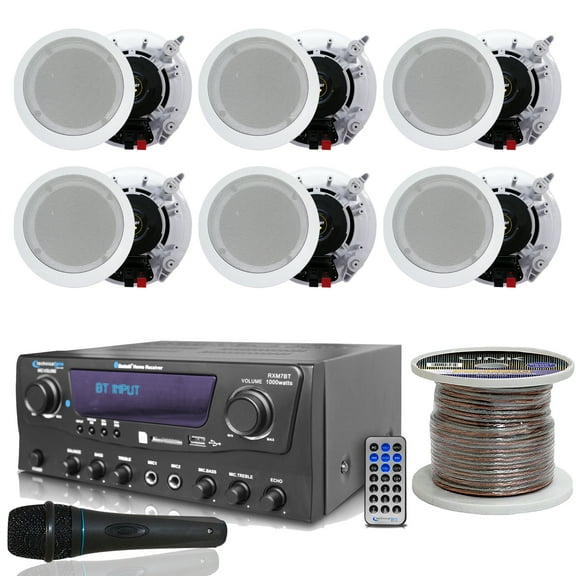 Technical Pro 1000W Bluetooth Receiver | Portable Microphone | (Qty 6) 5.25� Ceiling Wall Mount Frame-less Speakers | 16