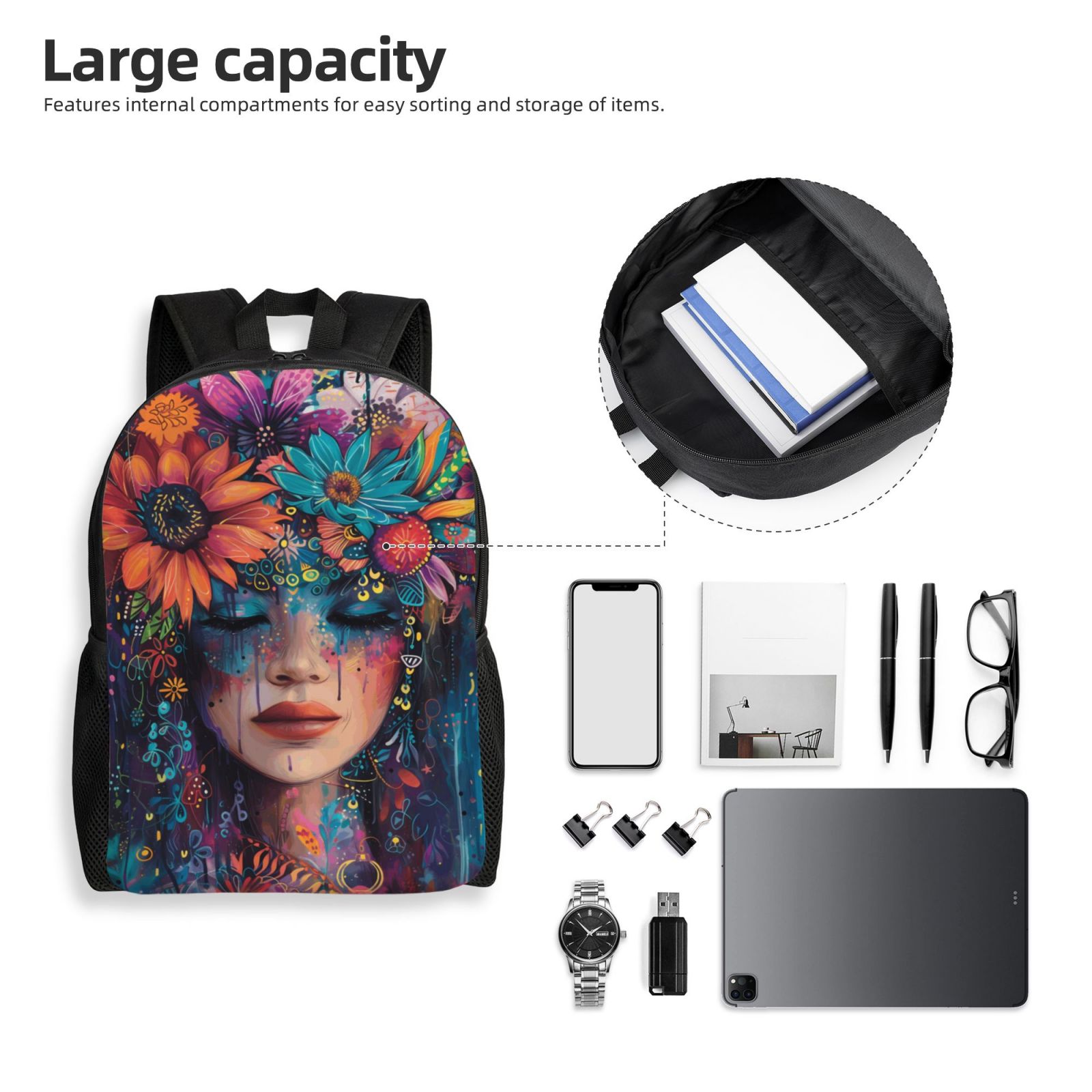 Xecao Bohemian Colorful Flower Woman Print School Backpack with Laptop Compartment Small Travel Laptop Backpack for Women Men Waterproof College Backpack Simple School Bag