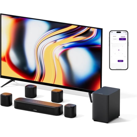 7.1ch Sound Bar with Subwoofer, Virtual Surround Sound System for TV, Sound Bar for Smart TV with 4 Surround Speakers, Peak Power 330W, TV Soundbar with App Control, Opt/AUX/BT, Aura A40