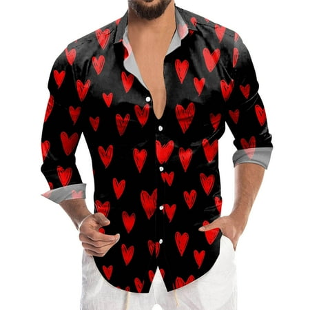 ZHOUCHANKIDS Men s Valentine s Day Novelty 3D Printed Casual Button Down Lapel Long Sleeve Shirt Top for Him Black L