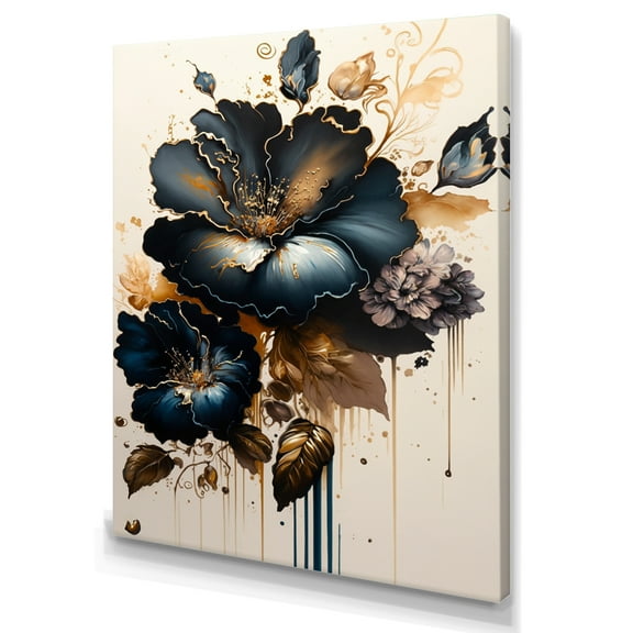 Designart Dark Blue And Gold Hibiscus I Canvas Wall Art