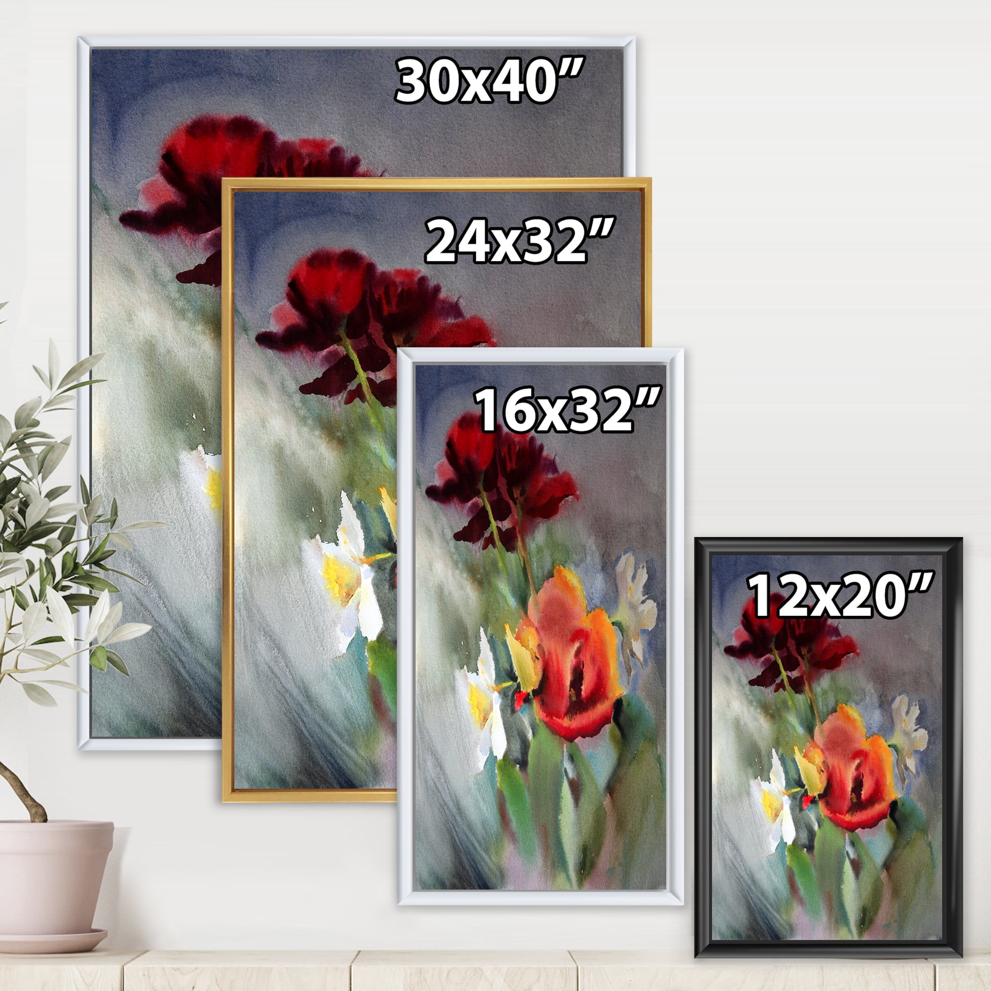 Designart 'Blossoming Vibrant Red Wildflowers' Traditional Framed Canvas Wall Art Print