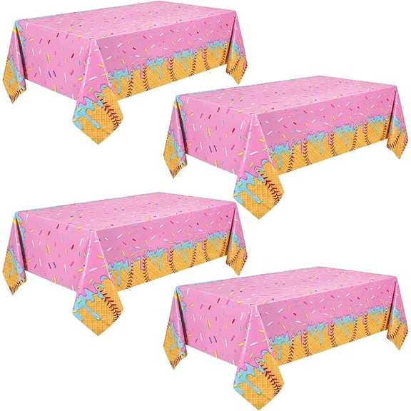 4 Piece Ice Cream Drip Baseball Party Tablecloths Pink Plastic Disposable Rectangle Table Covers 108 x 54 Inches