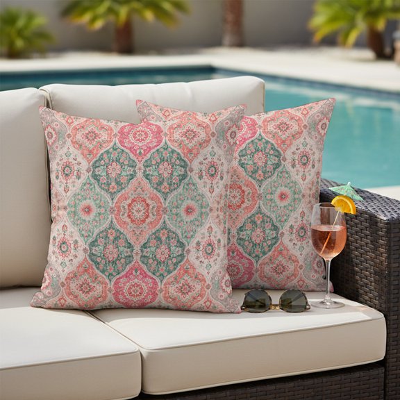 Central Damask Medallion Outdoor Waterproof Throw Pillow Covers Set of 2, 16"x16", Vintage Abstract Pink Paisley Swirls Decorative Pillow Covers Outside Cushion Case for Patio Porch Garden
