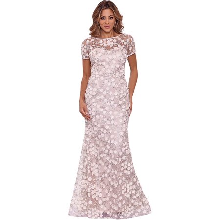 Xscape Long Cap Sleeve Ballgown with 3-D Flowers Beige/Multi 16