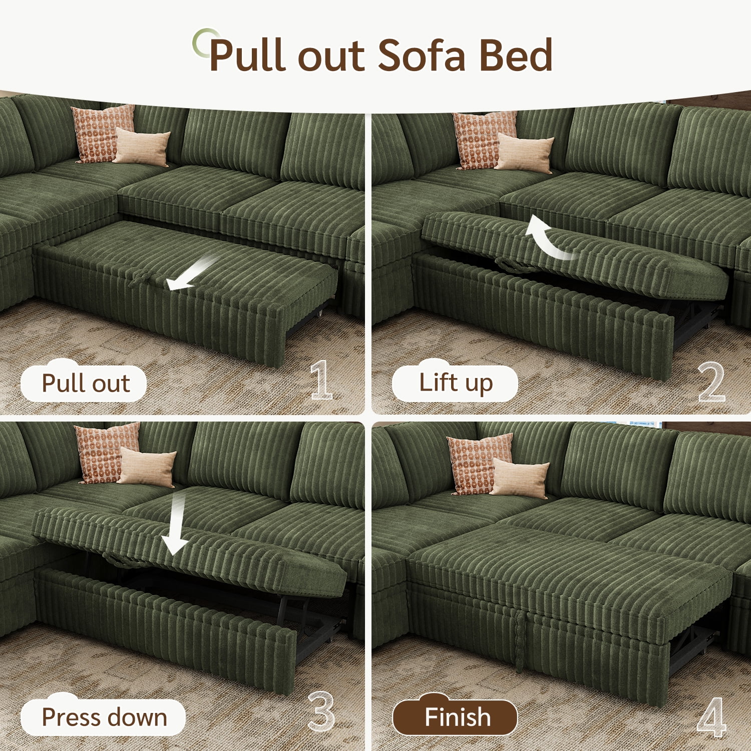 Marrber 84” Convertible Sectional Sleeper Sofa with Pull-Out Sofa Bed, L-Shaped Corner Sofa with Reversible Chaise and Hidden Storage, Pet-friendly Plush Corduroy for Living Room, Green