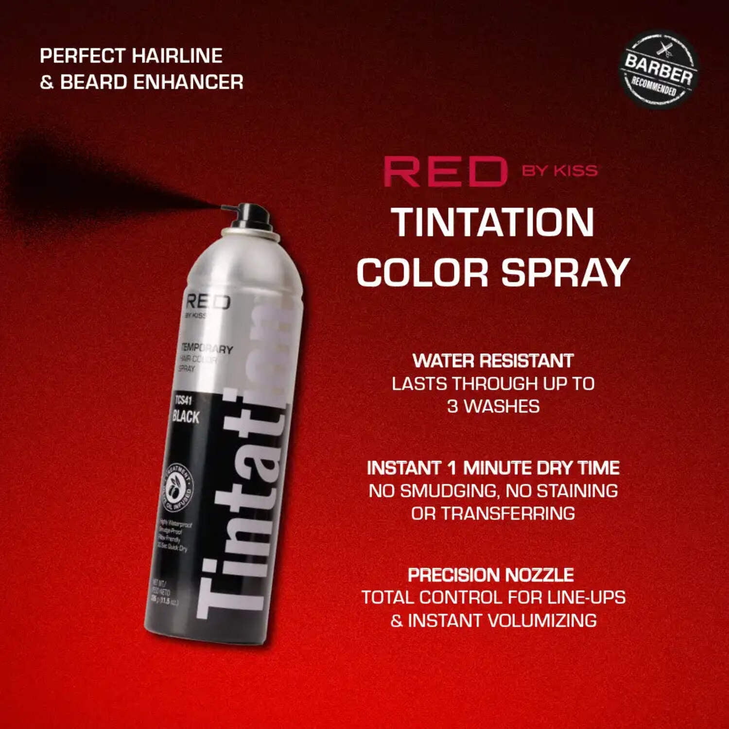 RED by Kiss Tintation Temporary Hair Color Spray, Extra Large Size, Instant Gray Root Cover Up, Water-Resistant, Smudge-Proof, Hairline & Barber Touch-Up, Quick Dry (Darkest Brown, 11.5 OZ)
