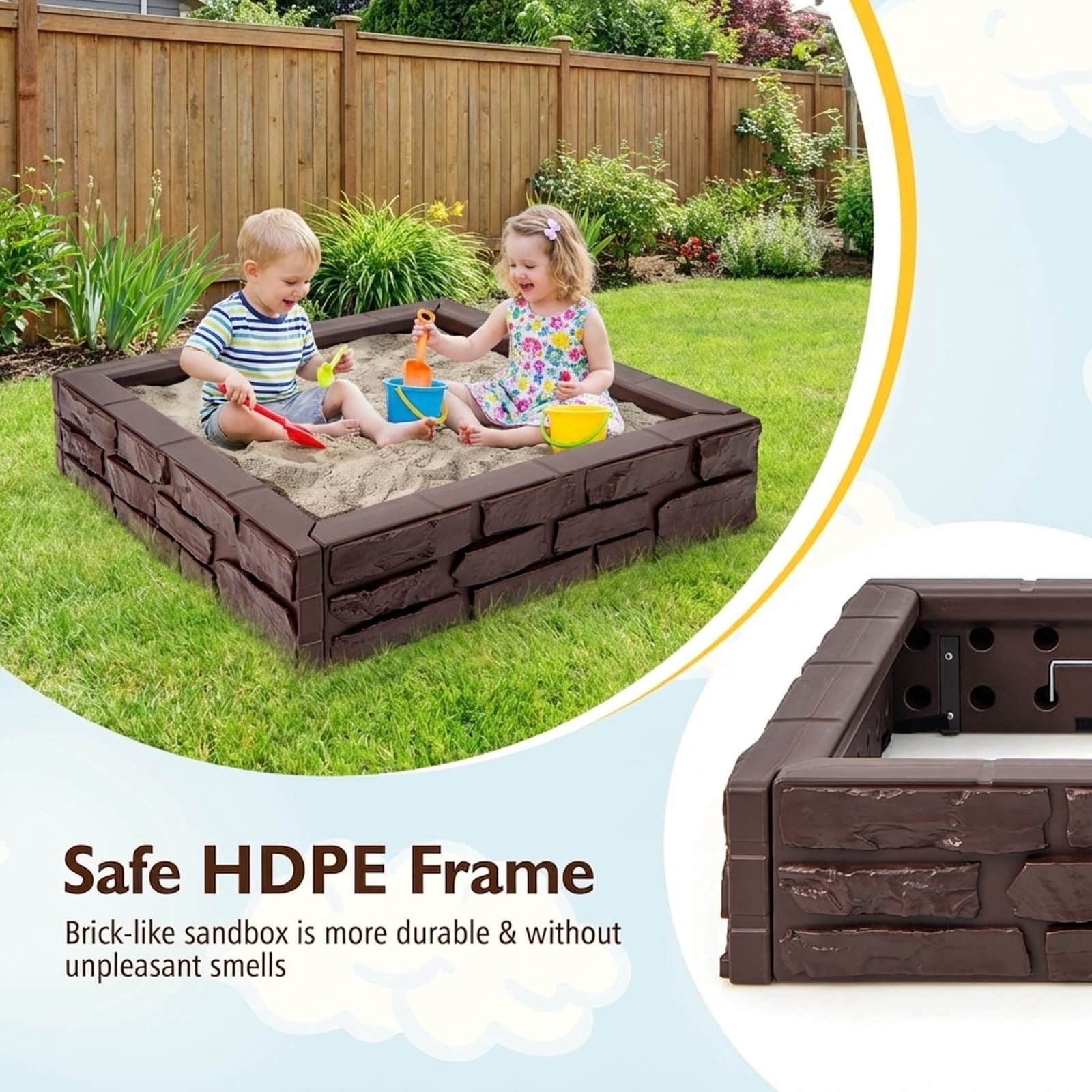 Redsmile Kids Sandbox with Cover, 47x47 Inch Square Sand Box,HDPE Large Sand Box with Bottom Liner for Outdoor Backyard, Beach, Park, Gift for Boys Girls,Brown