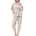 thumbnail image 1 of Timegard Womens 2 Piece Pajamas Fleece Linen Hooded Drawstring V Neck Zip up Jackets Cinch Bottom Pants with Pockets Sets, 1 of 2