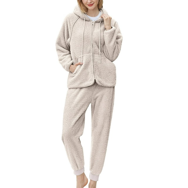 Timegard Pyjamas 2 Pcs pour Femmes en Molleton et Lin avec Capuche, Cordon de Serrage, Col en V, Vestes à Fermeture Éclair, Pantalons à Bas Resserré avec Poches