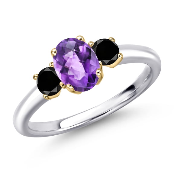 Gem Stone King 10K Two Tone Gold Purple Amethyst and Black Diamond Engagement Ring for Women | 1.09 Cttw | Oval Checkerboard 7X5MM | Gemstone February Birthstone | Size 6