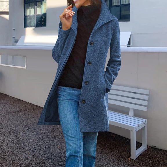 Women's Long Coats Single Breasted Pea Coat Winter Casual Blazer Jacket Trench Coat Blue M