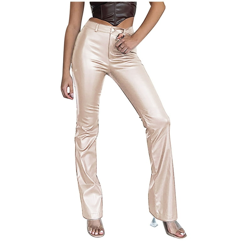 XFLWAM Women s Faux Leather Pants Mid Waist Flare Bell Bottom Leggings Casual Solid Color Pants with Pockets Beige XL