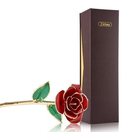 ZJchao 24k Gold Foil Trim Red Rose Flower Love Forever Long Stem Best Gift for Valentine's (Best Color Roses For Valentines Day)