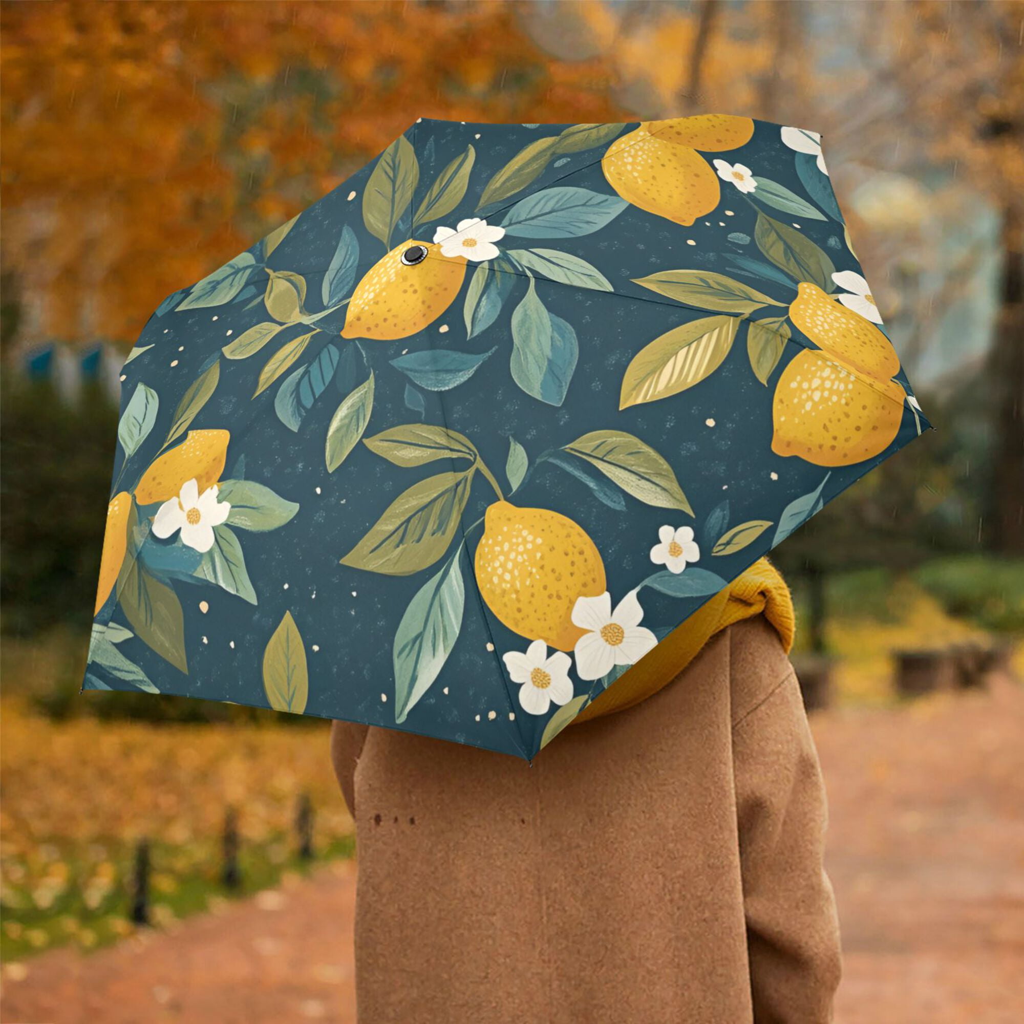 FORMRS Travel Umbrella Folding Auto Open Close Windproof Rain UV Protection, Blue Lemons