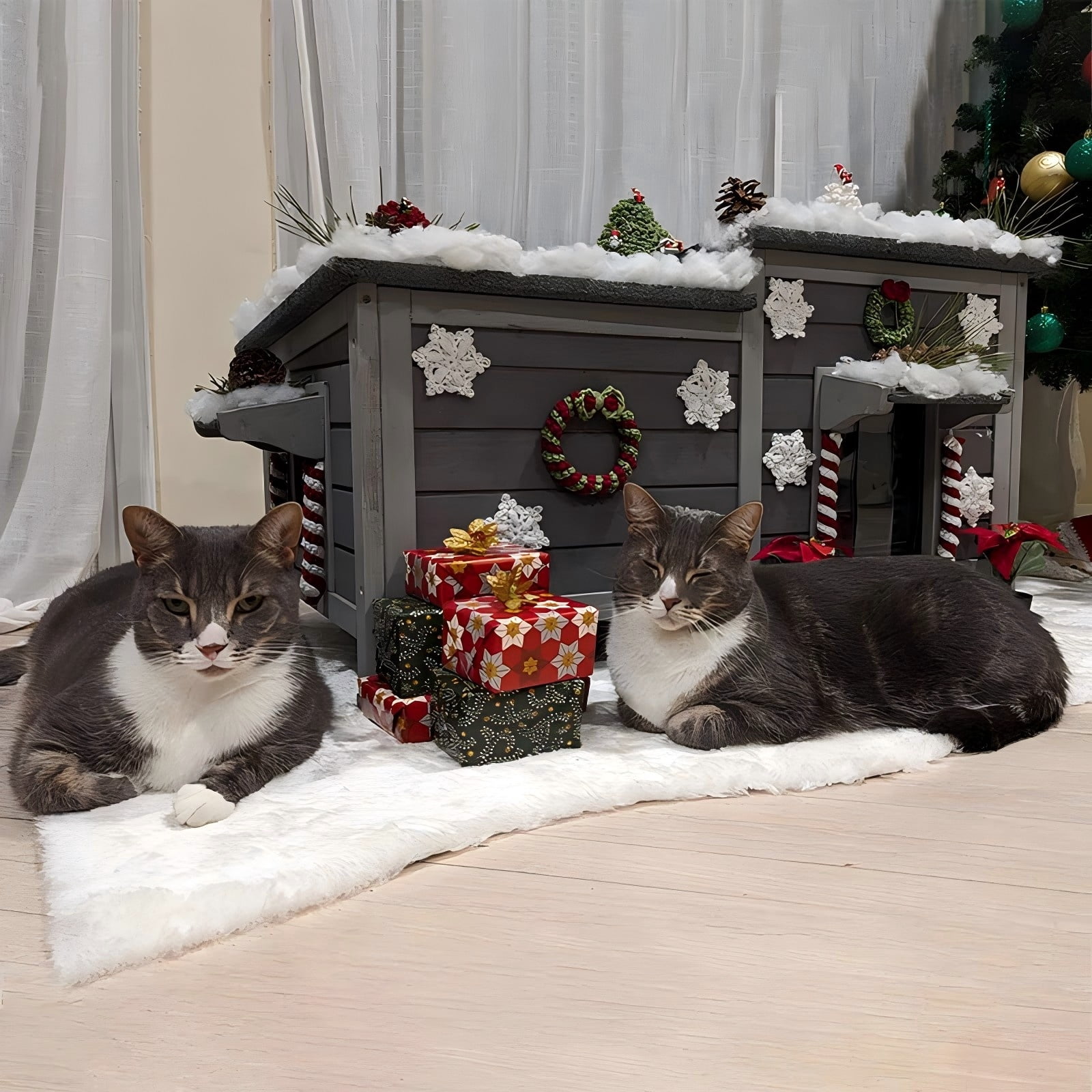 Aivituvin 39.1" Cat House Outdoor Feral Cat Shelter Weatherproof Cat Condo for Winter 2 Rooms