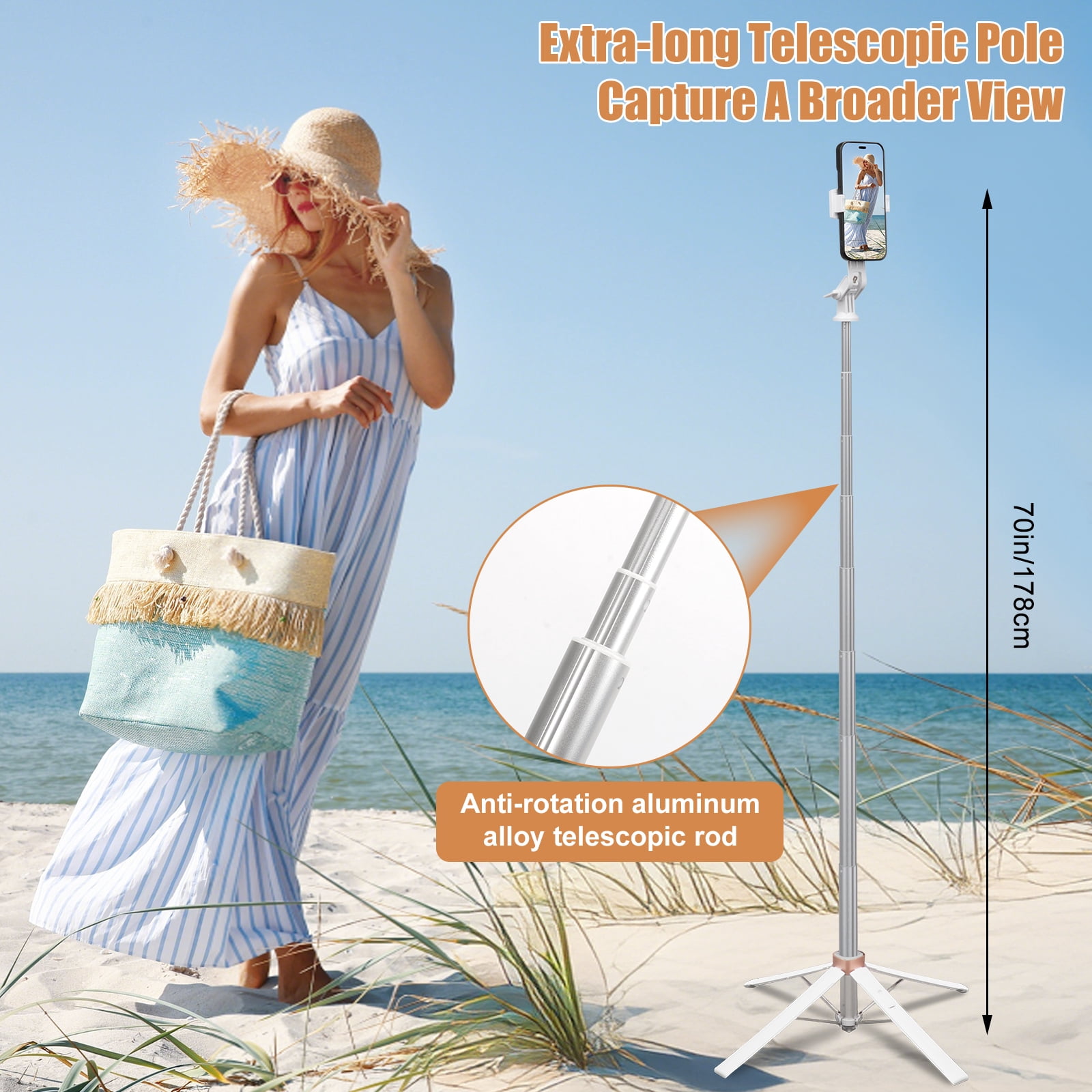 70" Phone Tripod, Extendable Selfie Stick Tripod with Bluetooth Remote, All-in-One Aluminum Phone Tripod Stand for GoPro, 4.7"-7" iPhone and Android Smartphones