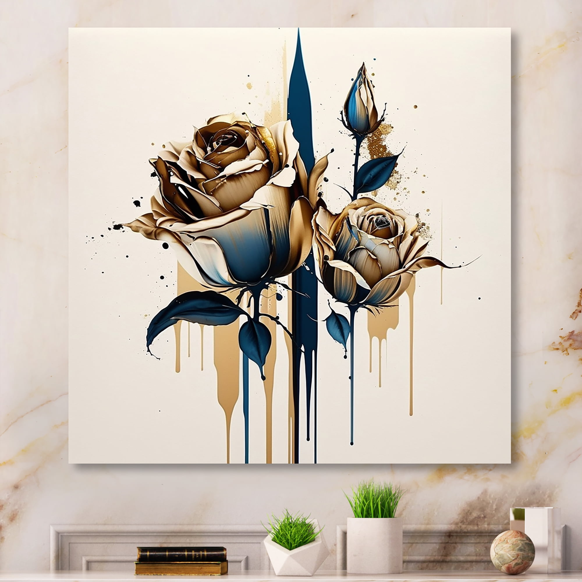 Designart Roses Flow Flower On Golden Beige Paint VIII Canvas Wall Art