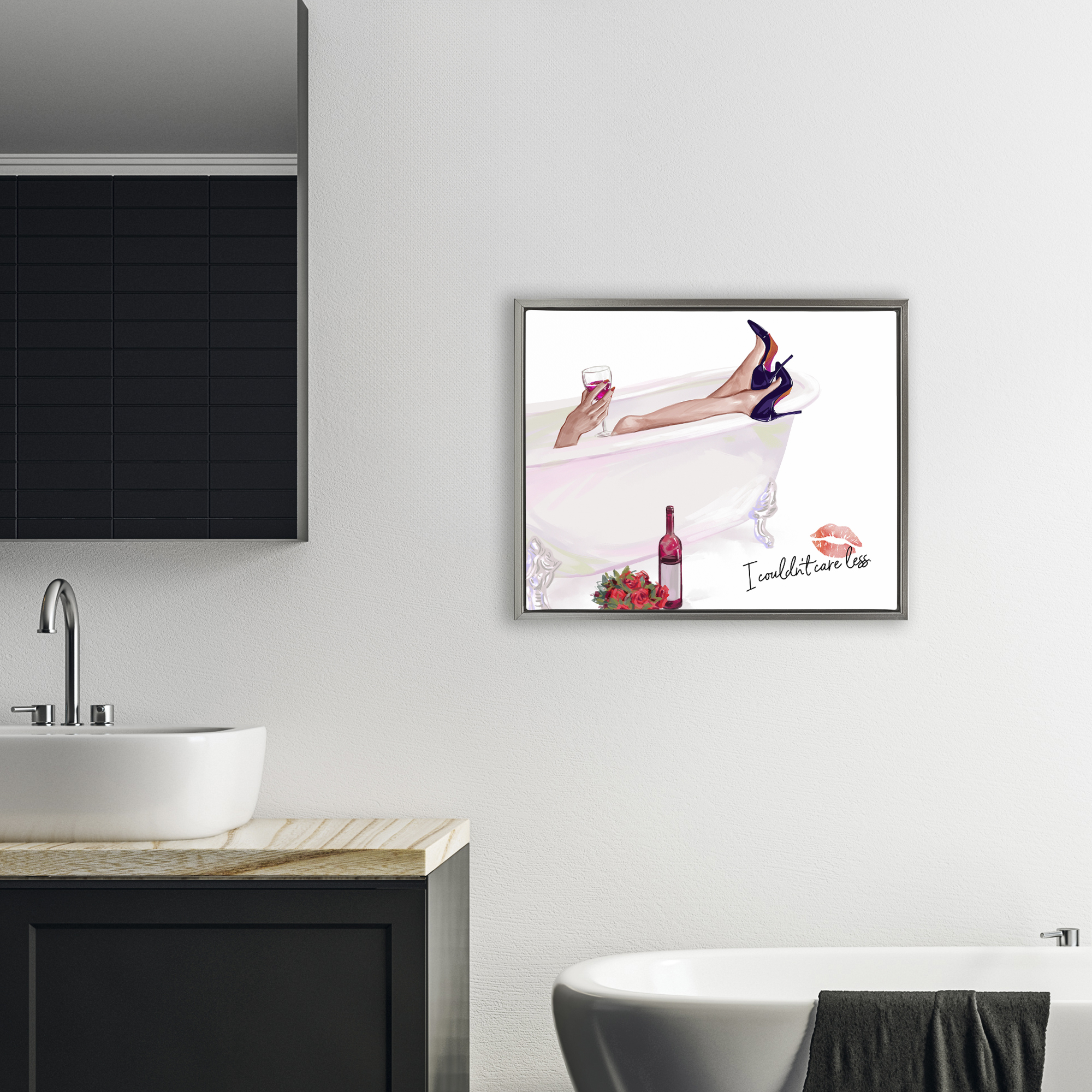 Couldn't Care Less Tub Gray Framed Floater Canvas Wall Art, design by Ziwei Li