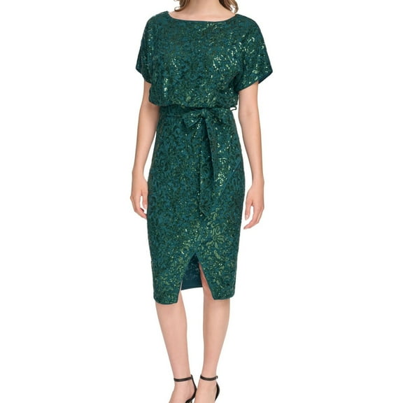 Kensie Womens Sequined Blouson Dress, Green, 2