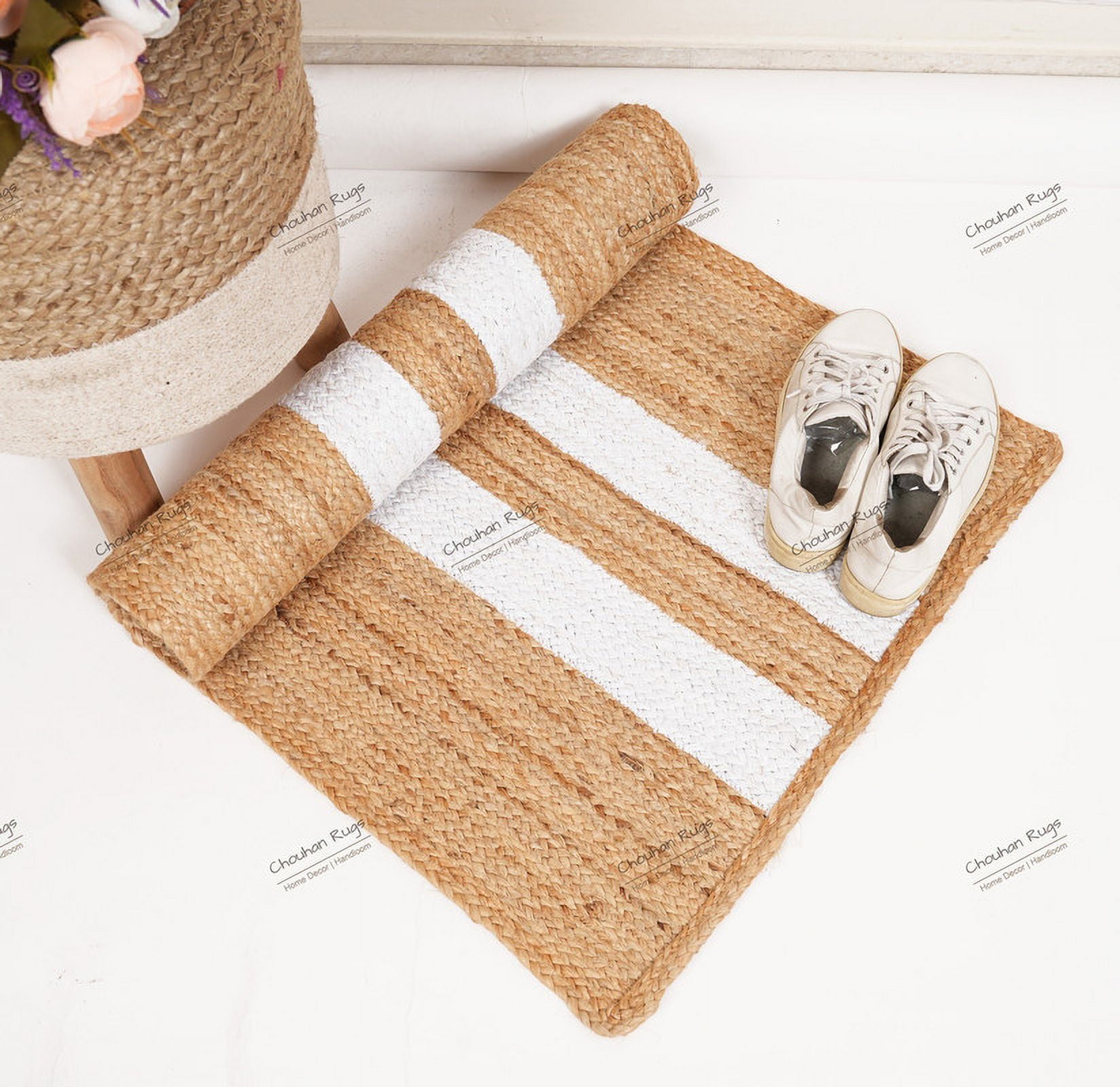 Rectangle Rug Natural Jute Rug Hand Braided Beige And White Color Area Rug