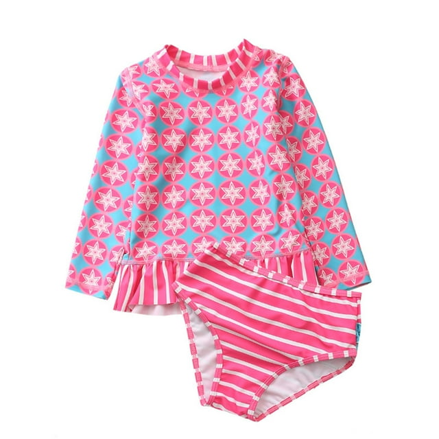 HAWEE Little Girls Two Pieces Rash Guard Swimsuit Set Long Sleeve Print Bikini Bathing Suit UPF50+ Beach Swimwear