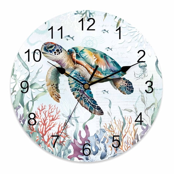 Wall Clock 12 Inch Blue Coastal Nautical Ocean Round Silent Decorative Wall Clocks Battery Operated for Living Room Bedroom Kitchen Classroom Decor, Sea Turtle Coral,Large