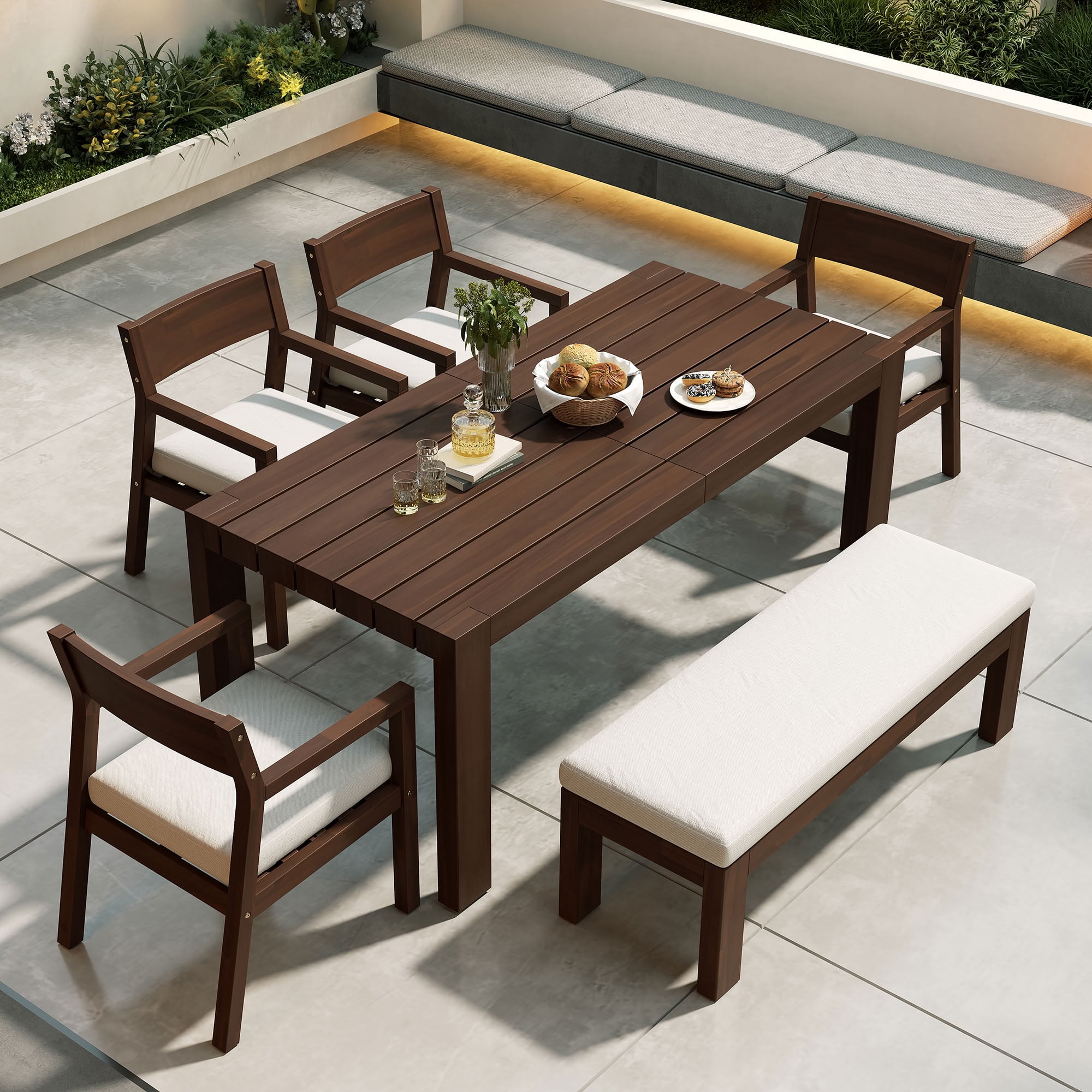 MAYEERTY Patio Dining Table Set for 6, Outdoor Furniture Sets with Umbrella Hole, 71" Rectangular Table, Chairs and Bench for Backyard, Garden