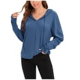 thumbnail image 1 of Women's V Neck Knitted Hoodies Sweatshirts Solid Color Long Sleeve Drawstring Lightweight Pullover Blouses Tops, 1 of 5