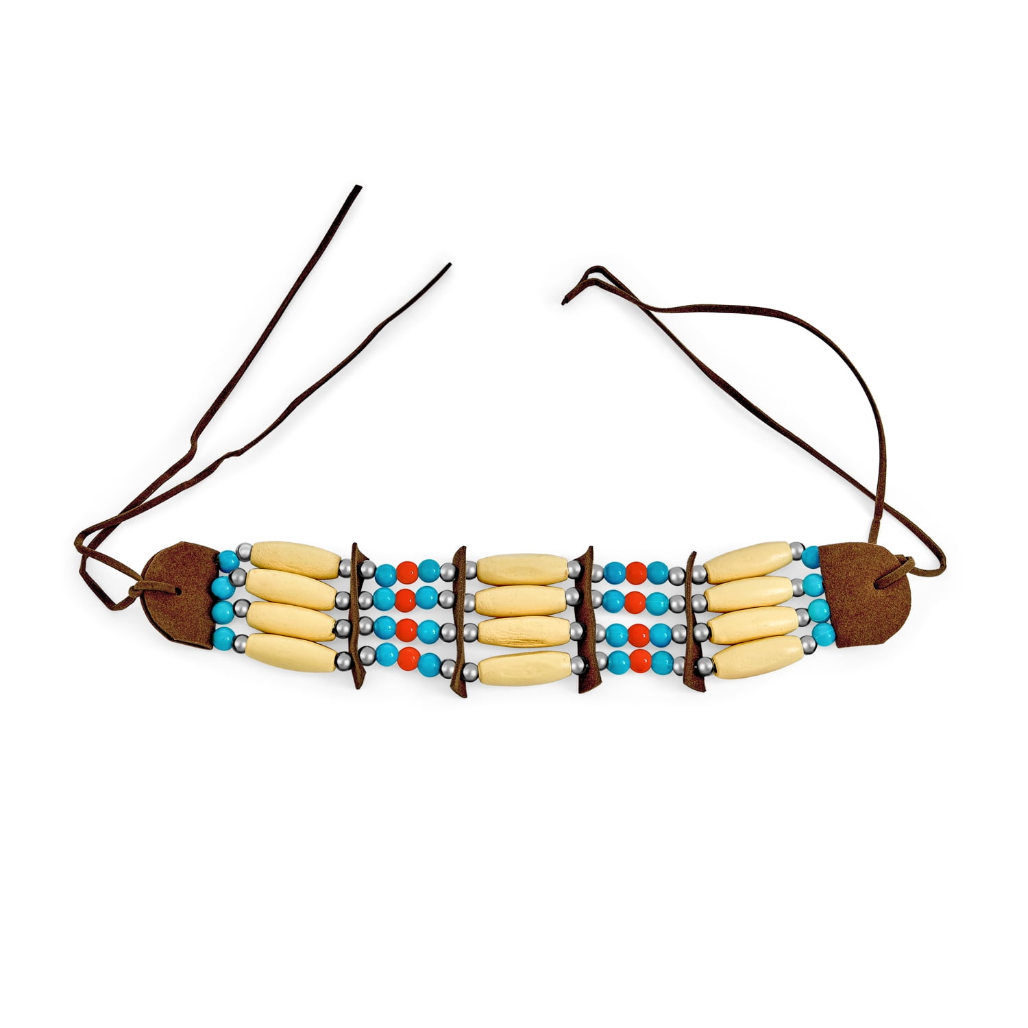 Indian Bead 3 Row Wood Hair Pipe Leather Choker Necklace