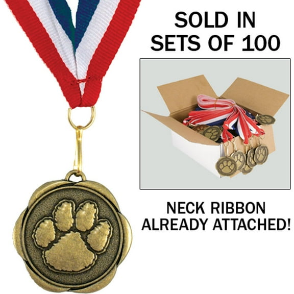 Set of 100 Award Medals with Neck Ribbons - Paw